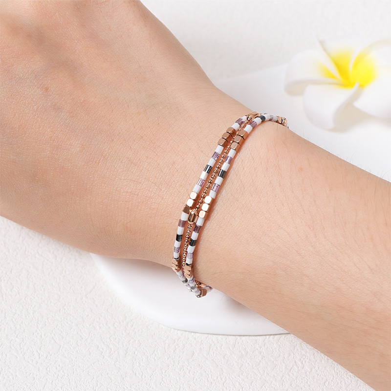 3 Layer Stainless Steel Rose Gold Bracelet with Miyuki Beaded