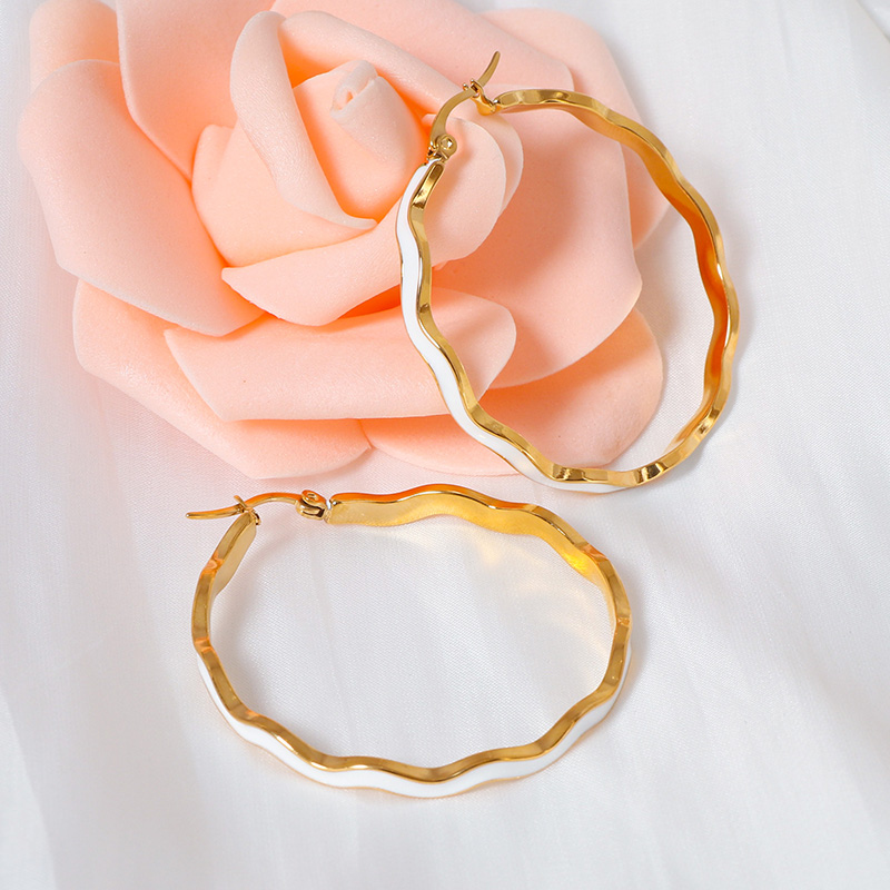 White Enamel Gold Hoop Earrings With Unique Wavy Design