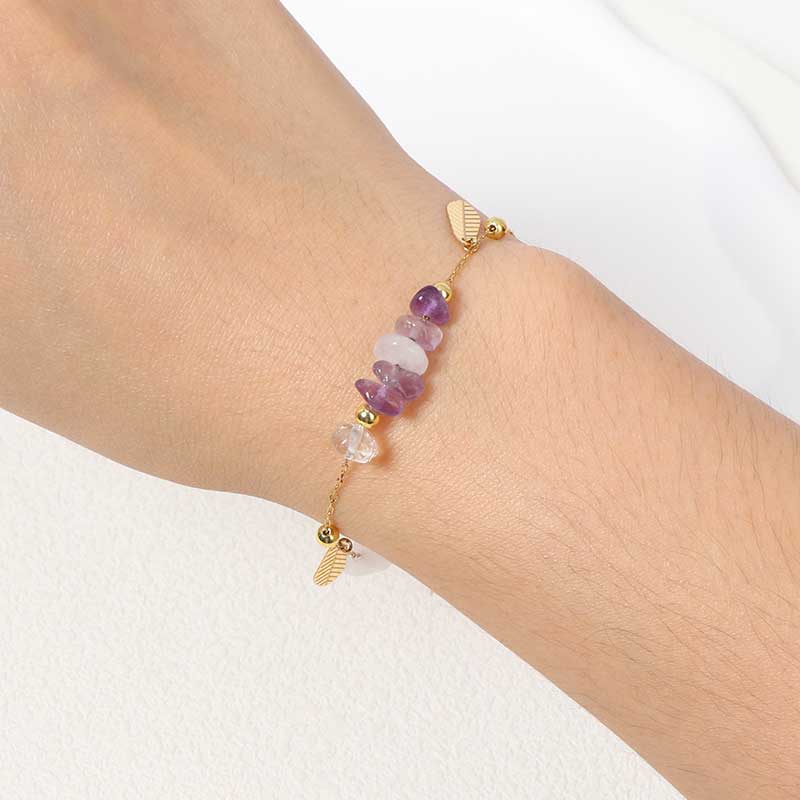 18k Gold Plated Stainless Steel Chip Stone Bracelet with Leaf Charms