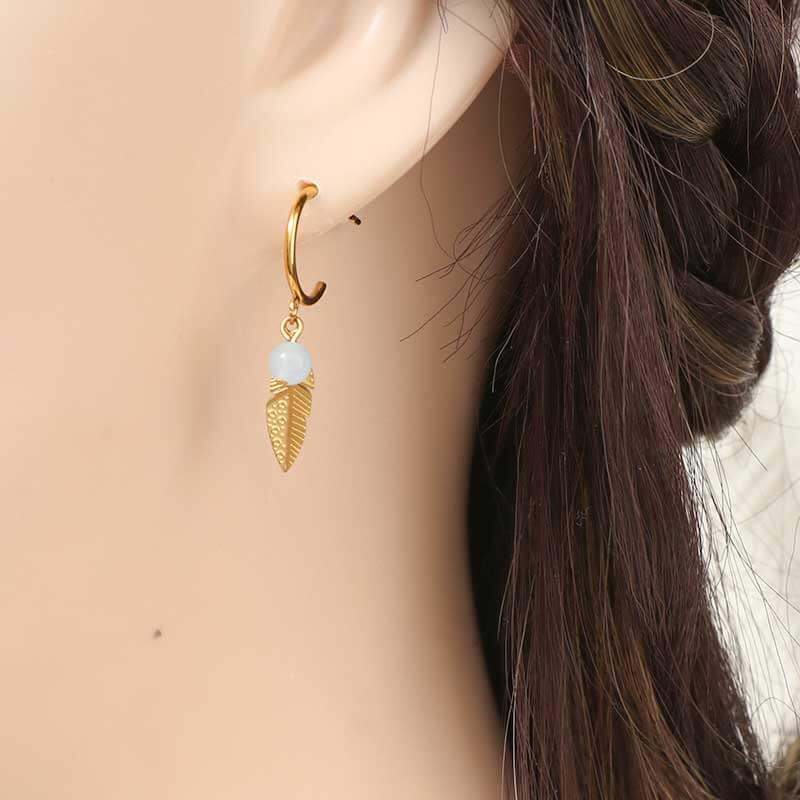 Leaf Drop Stainless Steel Gold Earrings with Natural Stone Beads