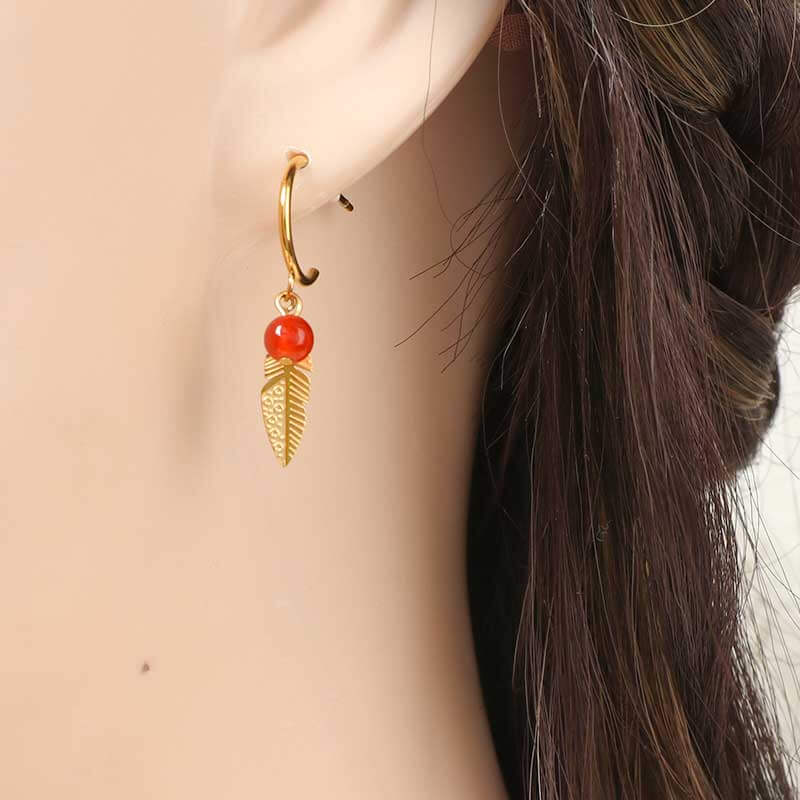 Leaf Drop Stainless Steel Gold Earrings with Natural Stone Beads