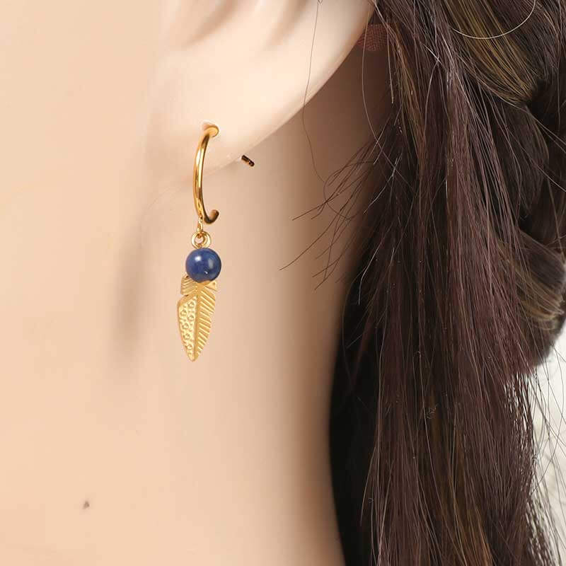 Leaf Drop Stainless Steel Gold Earrings with Natural Stone Beads