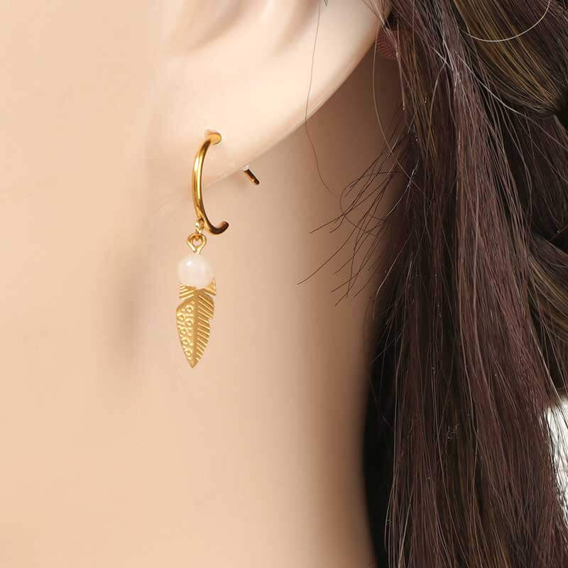 Leaf Drop Stainless Steel Gold Earrings with Natural Stone Beads