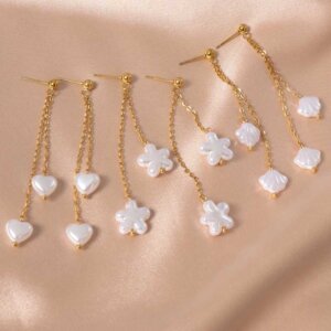 Heart Flower and Seashell Shaped Stainless Steel Imitation Pearl Drop Earrings