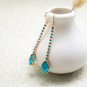 Copper Blue Crystal Teardrop Earrings with CZ Sparkling Chain