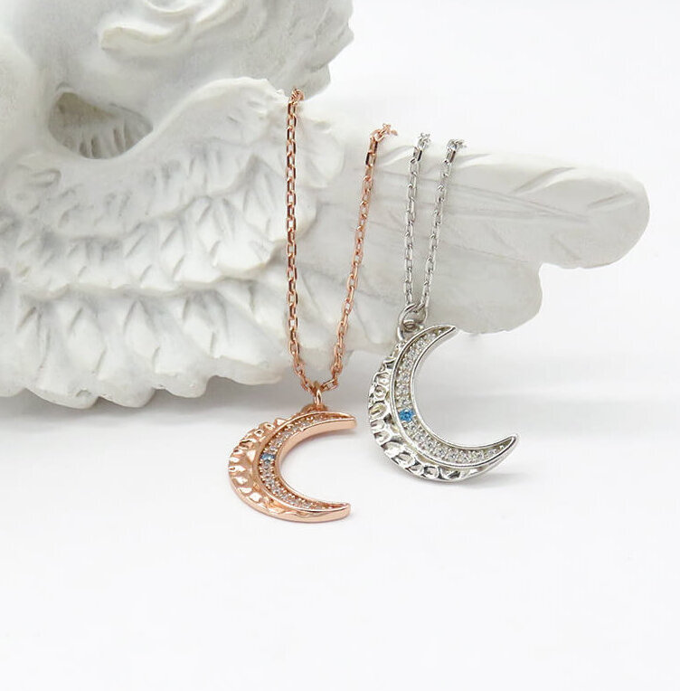 S925 Sterling Silver Moon Pendant Necklace CZ