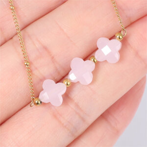 Crystal Pink Four Leaf Clover Bracelet Stainless Steel Gold Plated