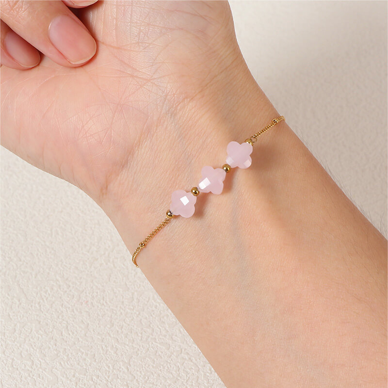 Crystal Pink Four Leaf Clover Bracelet Stainless Steel Gold Plated