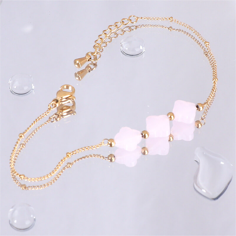 Crystal Pink Four Leaf Clover Bracelet Stainless Steel Gold Plated