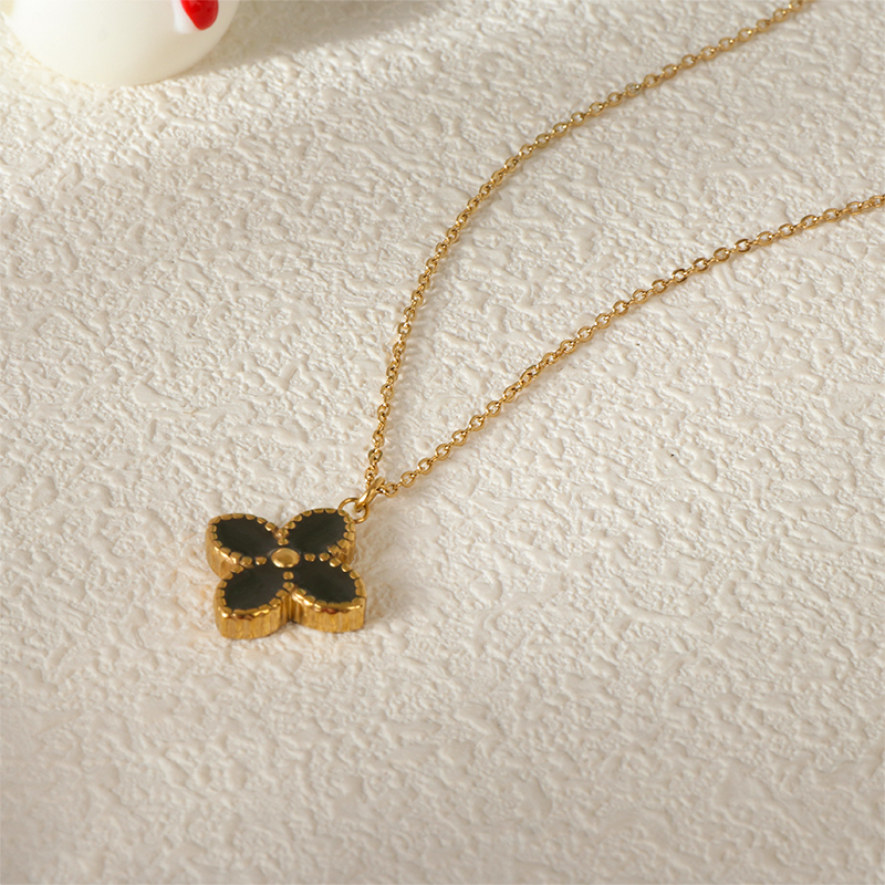 Stainless Steel Black Enamel 4 Leaves Clover Necklace Timeless Symbol