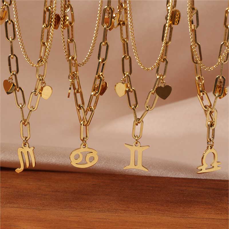 Double Layered Stainless Steel Gold Plated Zodiac Necklace