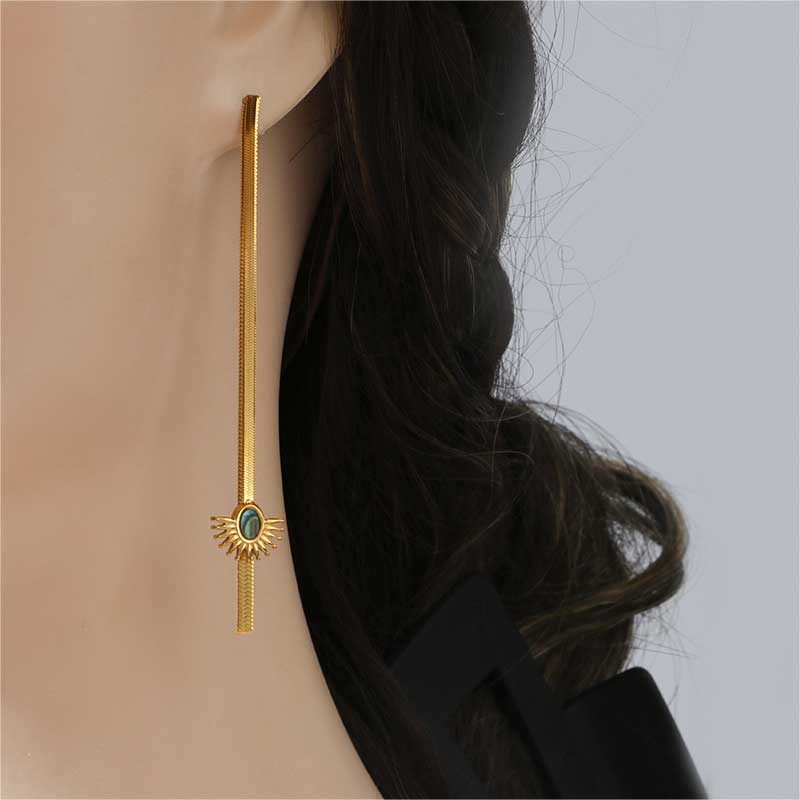 Stunning Skinny Gold Tassel Earrings with Whimsical Abalone Shell Accents