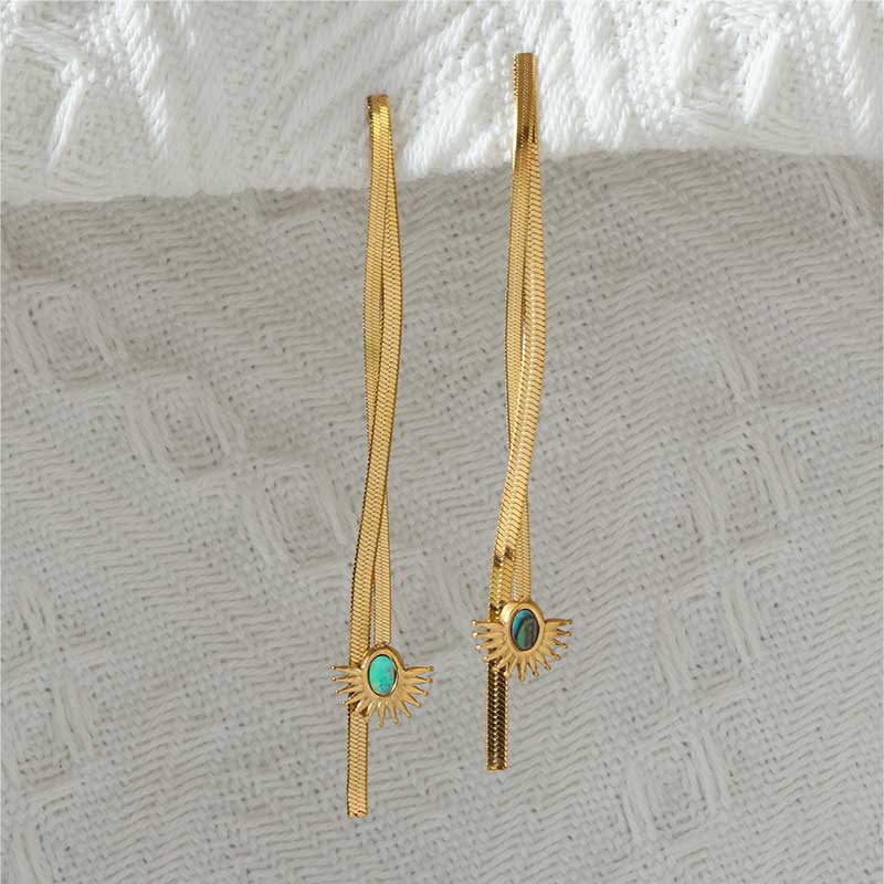 Stunning Skinny Gold Tassel Earrings with Whimsical Abalone Shell Accents