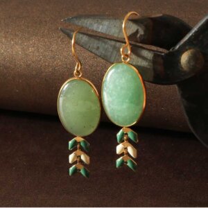 Green Aventurine Gold Plated Stainless Steel Earrings with Enamel Wheat Spike Accents