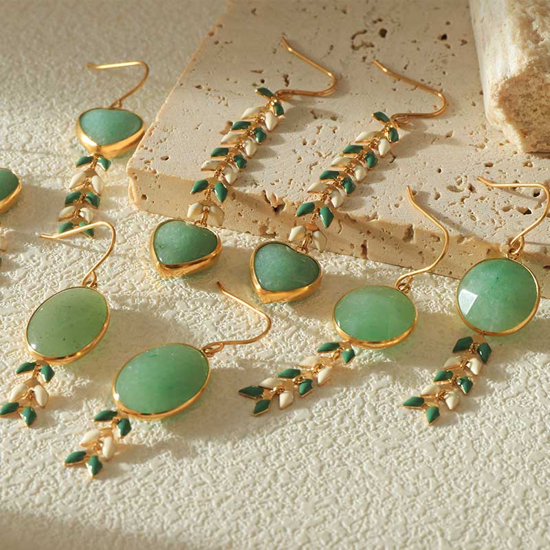 Green Aventurine Gold Plated Stainless Steel Earrings with Enamel Wheat Spike Accents