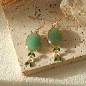 Green Aventurine Gold Plated Stainless Steel Earrings with Enamel Wheat Spike Accents