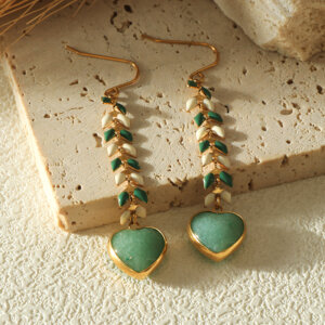 Green Aventurine Gold Plated Stainless Steel Earrings with Enamel Wheat Spike Accents