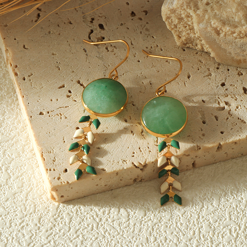 Green Aventurine Gold Plated Stainless Steel Earrings with Enamel Wheat Spike Accents