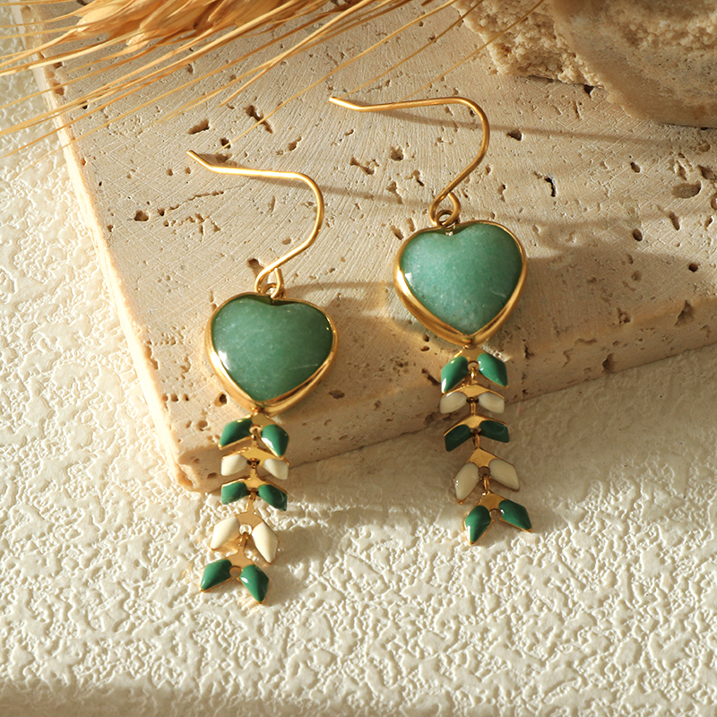 Green Aventurine Gold Plated Stainless Steel Earrings with Enamel Wheat Spike Accents