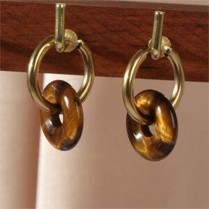 Elegant 18K Gold Plated Stainless Steel Hoop Earrings with Natural Stone Pendants