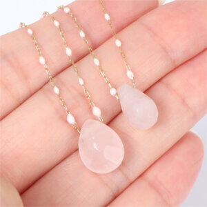 Stainless Steel Rose Quartz Teardrop Necklace with Unique Epoxy Chain Design