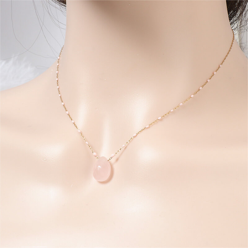 Stainless Steel Rose Quartz Teardrop Necklace with Unique Epoxy Chain Design