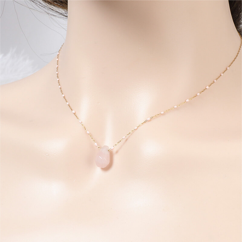 Stainless Steel Rose Quartz Teardrop Necklace with Unique Epoxy Chain Design