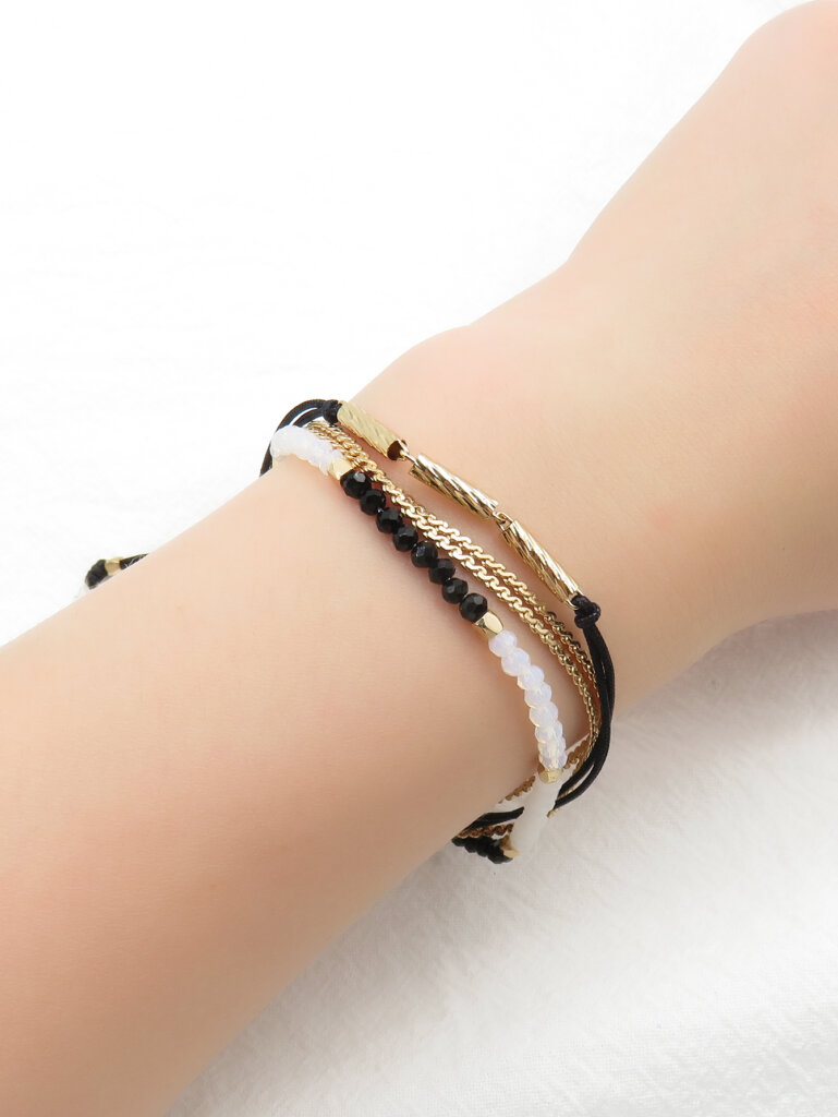 3 Layer Gold Boho Braided Bracelet with Black and White Crystals