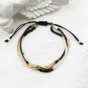 3 Layer Gold Boho Braided Bracelet with Black and White Crystals
