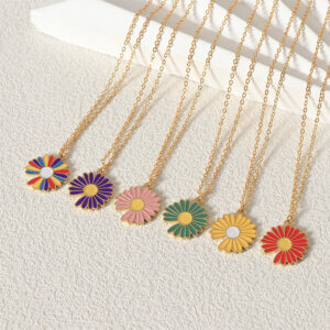 Fun and Colorful Stainless Steel Enamel Daisy Flower Pendant Necklace