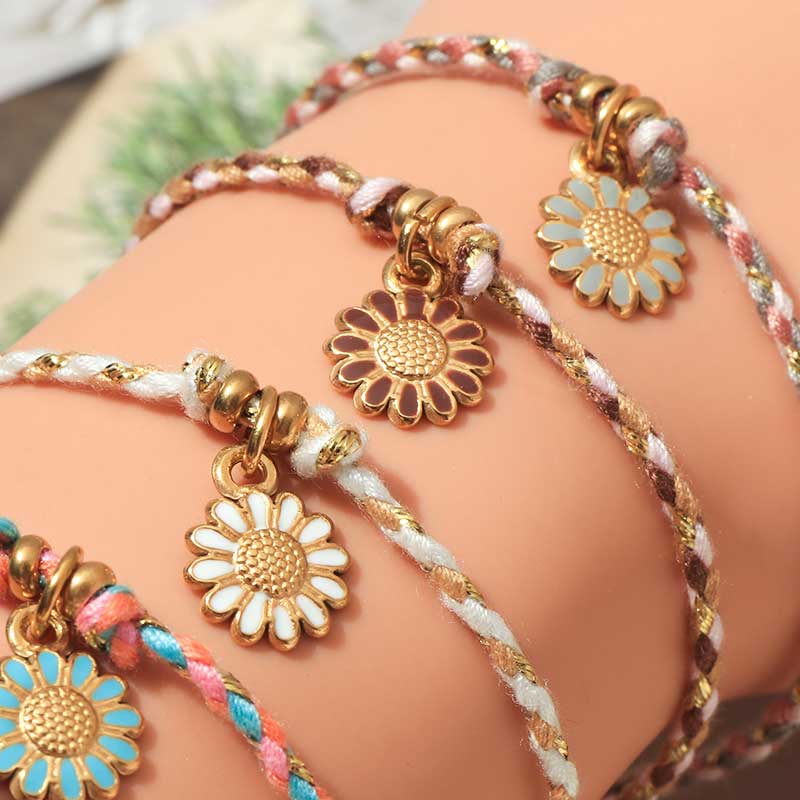 Daisy Enamel Braided Charm Bracelets in Multiple Vibrant Color