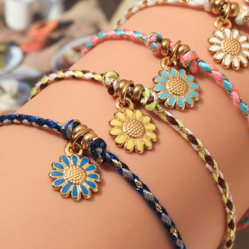 Daisy Enamel Braided Charm Bracelets in Multiple Vibrant Color