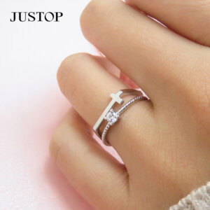 Adjustable Double Layer Cubic Zirconia Cross Ring for Ladies