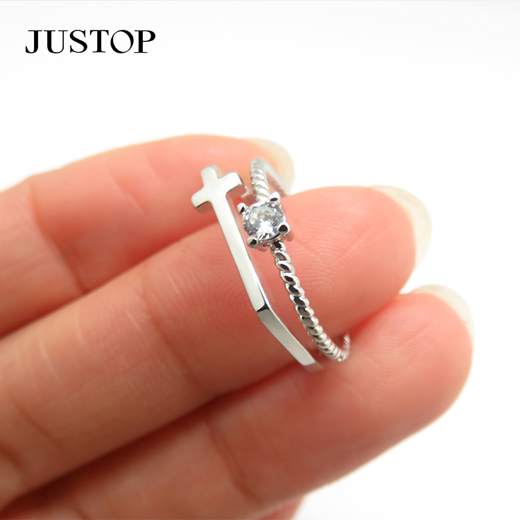 Adjustable Double Layer Cubic Zirconia Cross Ring for Ladies