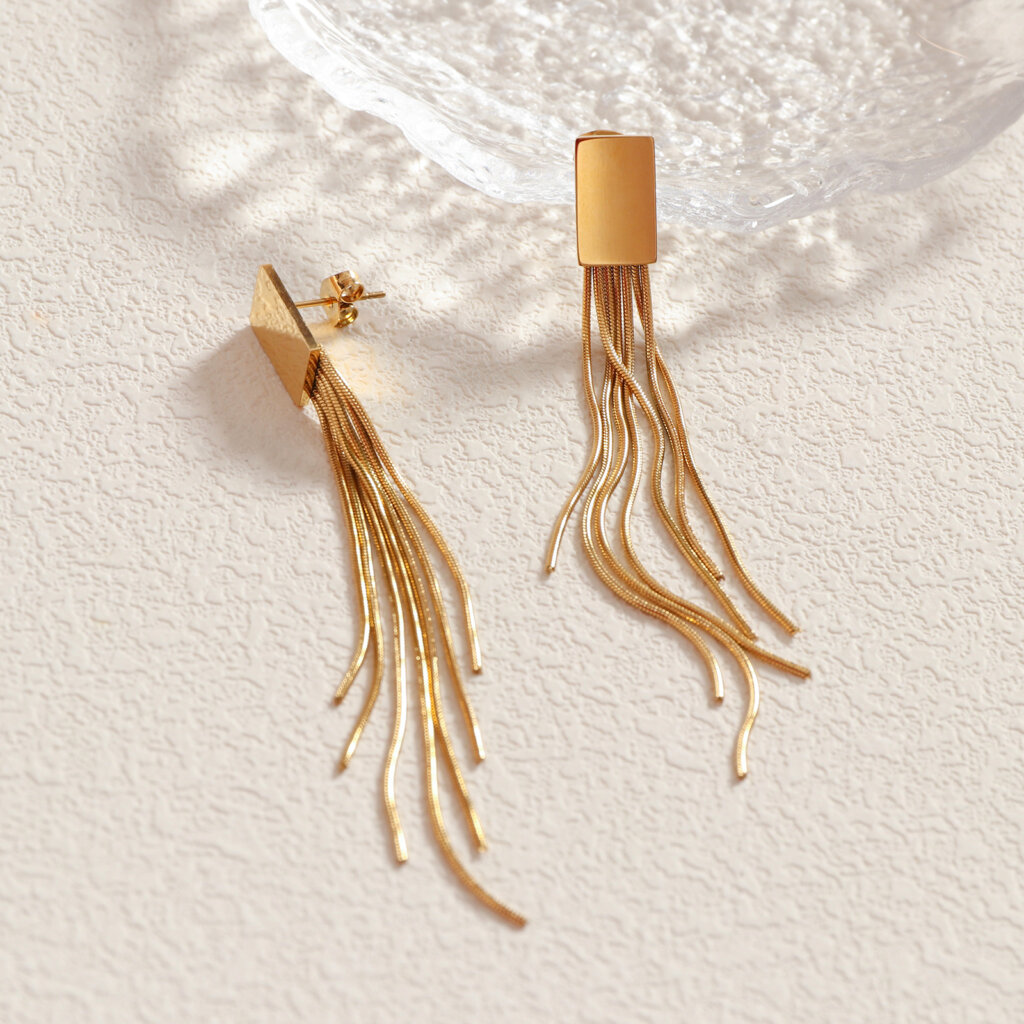 Eye Catching Modern Gold Drop Tassel Earrings in Stainless Steel