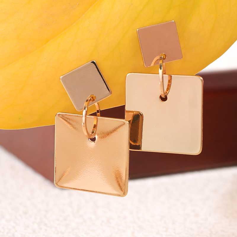 Elegant Copper Double Square Geometric Gold Earrings