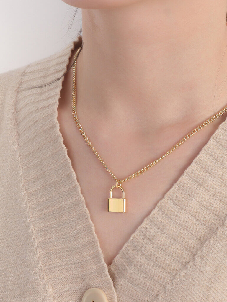 Statement Lock Pendant Necklace for Women in Gold or Silver Tone