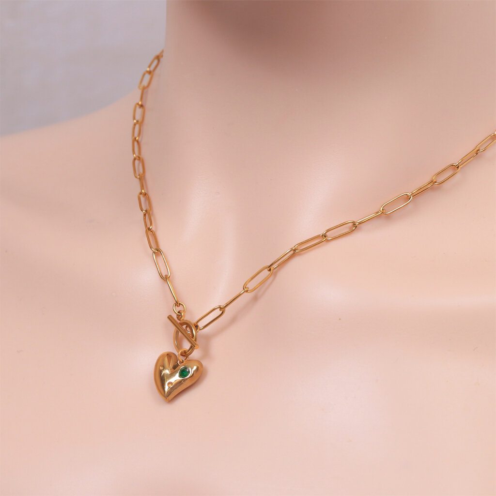 Stainless Steel 18K Gold Plated Heart Necklace with Green Cubic Zirconia