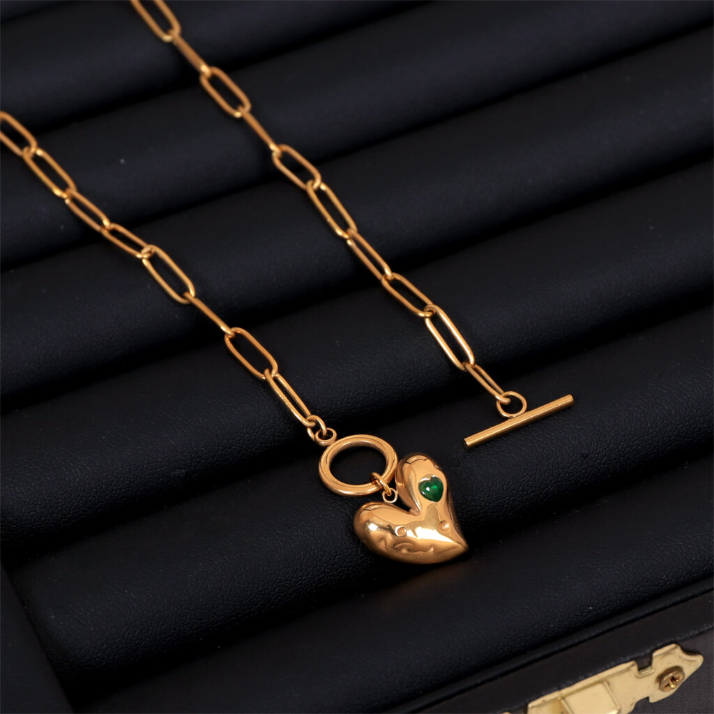 Stainless Steel 18K Gold Plated Heart Necklace with Green Cubic Zirconia