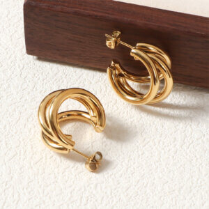 Modern Minimalist Stainless Steel Triple Hoop Gold Earrings