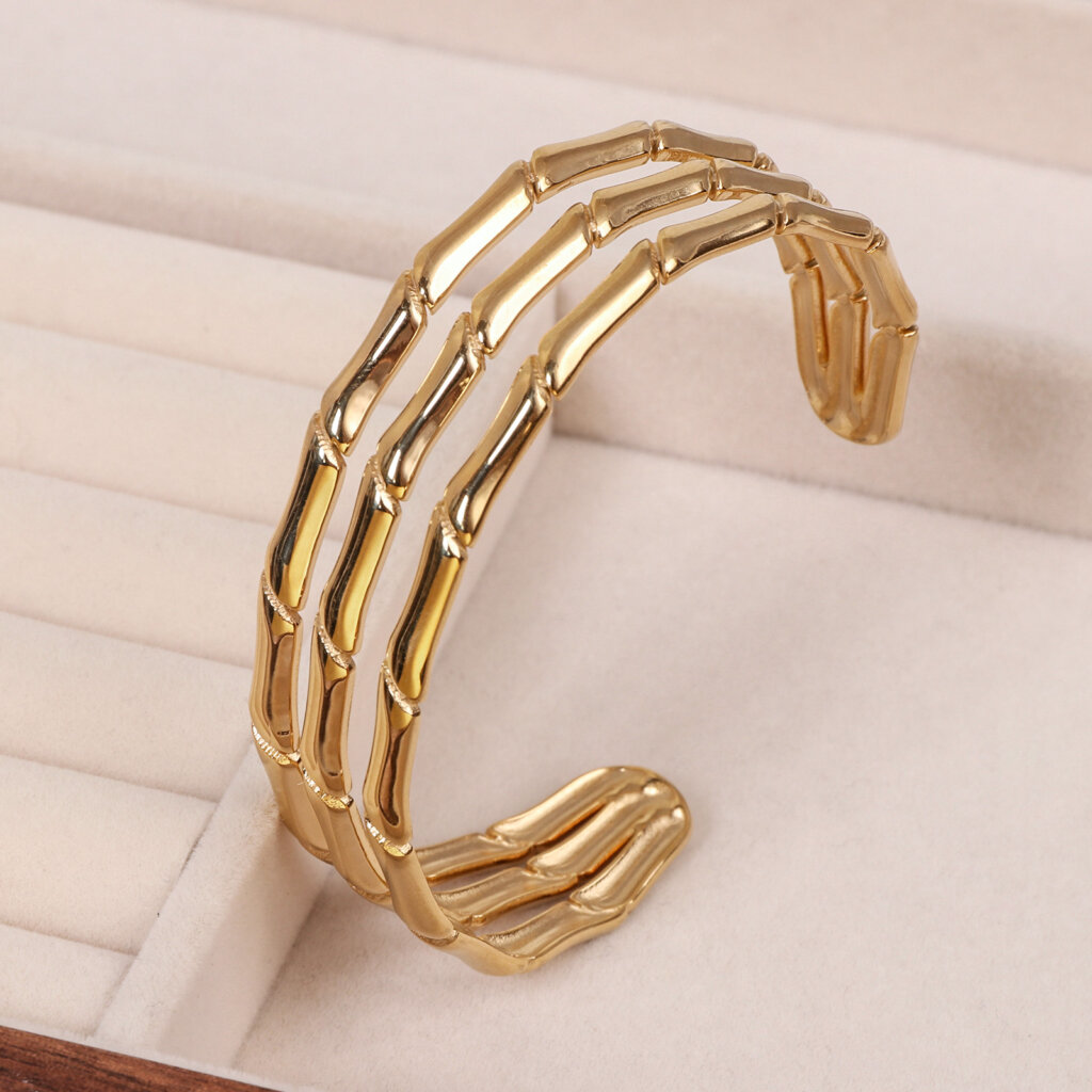 Nature Inspired Stainless Steel Gold Plated Bamboo Cuff Bracelet