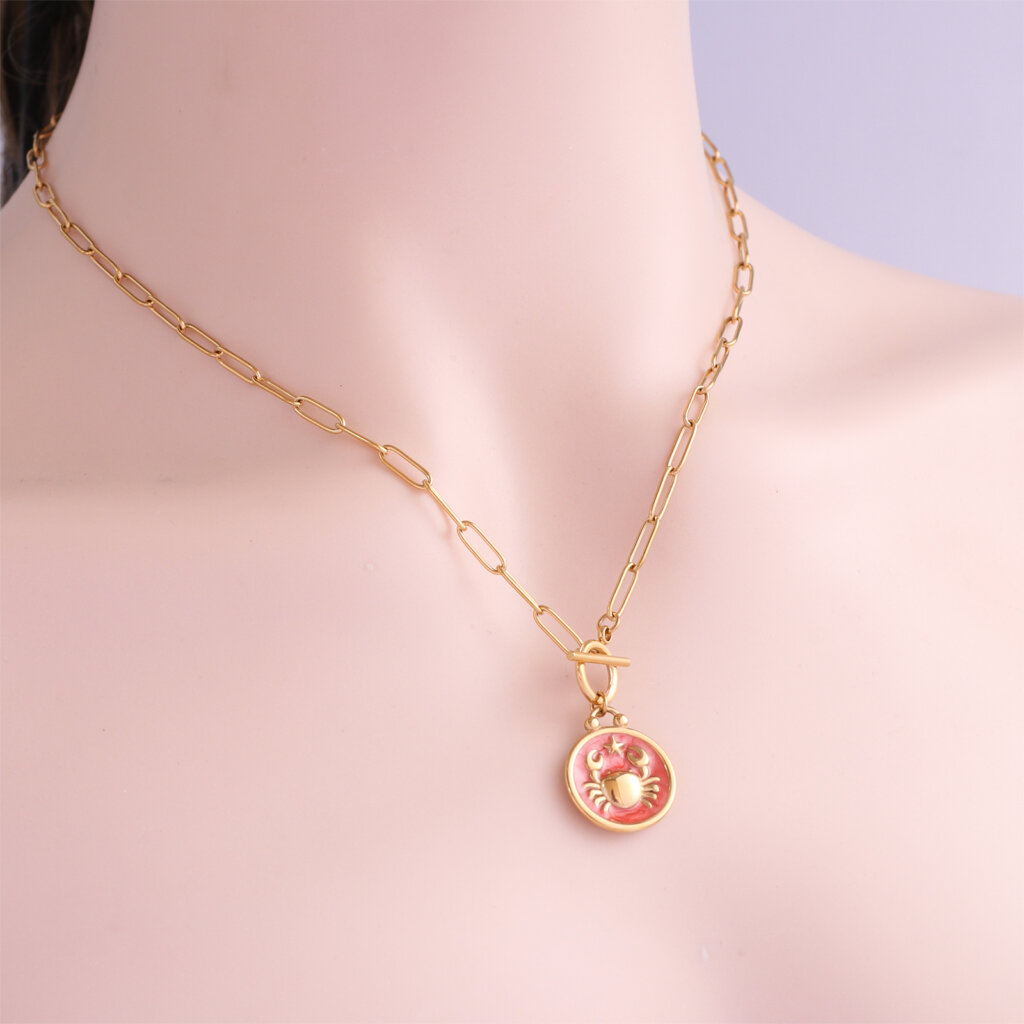 Enamel Cancer Zodiac Necklace in 18K Gold Plated Stainless Steel