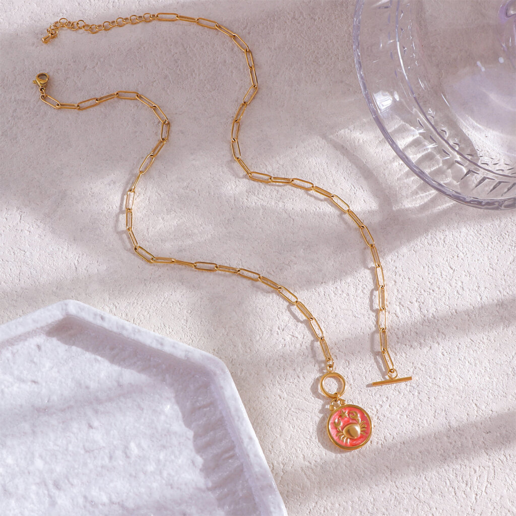 Enamel Cancer Zodiac Necklace in 18K Gold Plated Stainless Steel