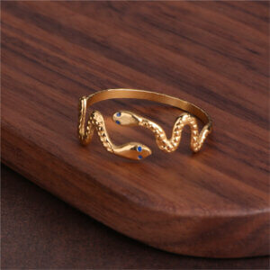 18K Gold Plated Stainless Steel Snake Ring Collection with Enamel Eyes