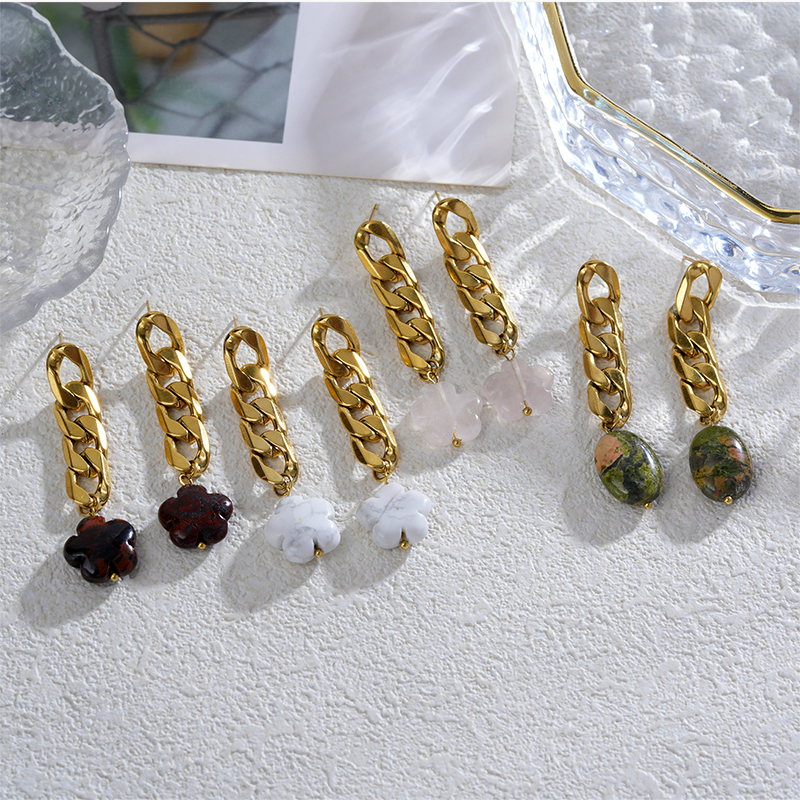 Stainless Steel Natural Stone Dangle Earrings with Chunky Chain
