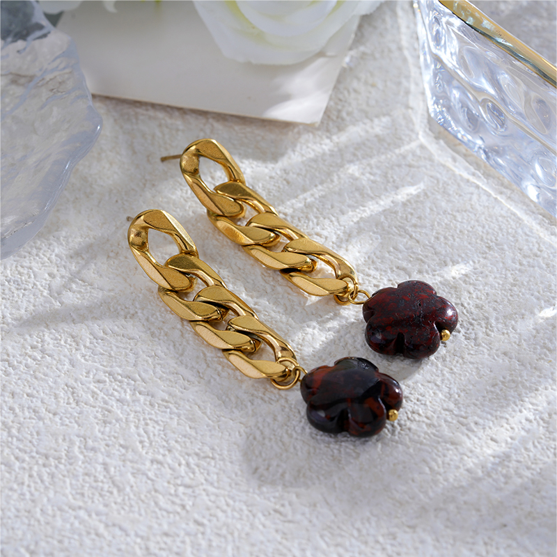 Stainless Steel Natural Stone Dangle Earrings with Chunky Chain