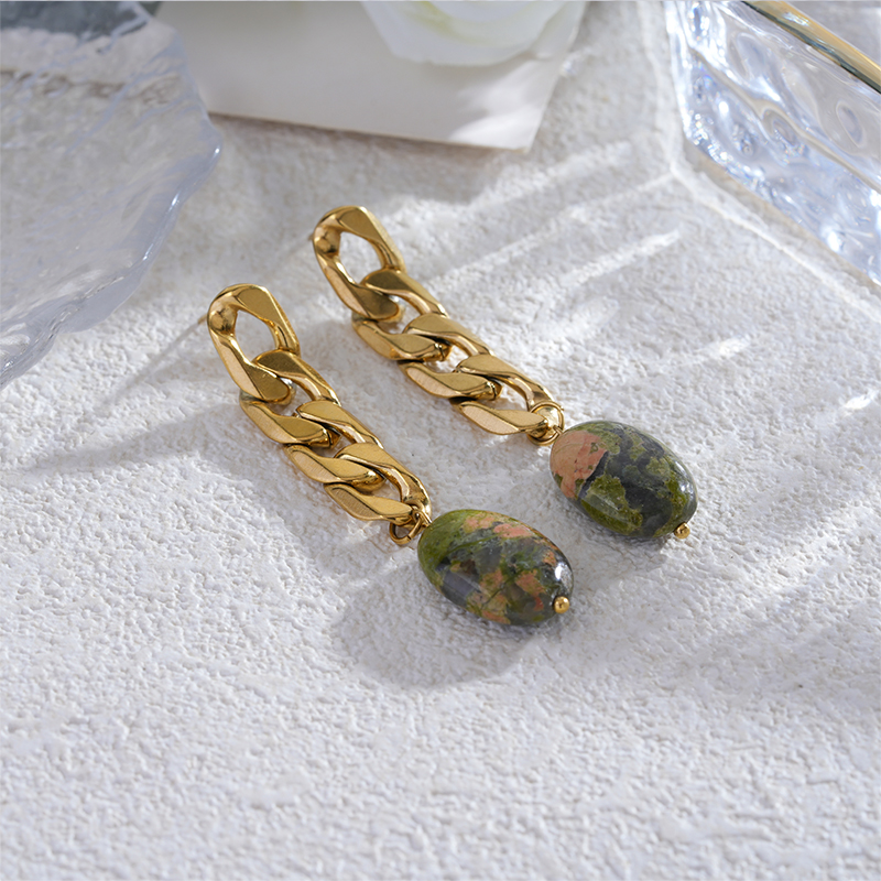 Stainless Steel Natural Stone Dangle Earrings with Chunky Chain