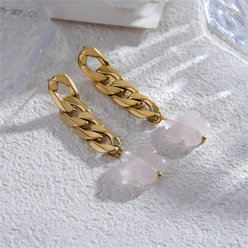 Stainless Steel Natural Stone Dangle Earrings with Chunky Chain