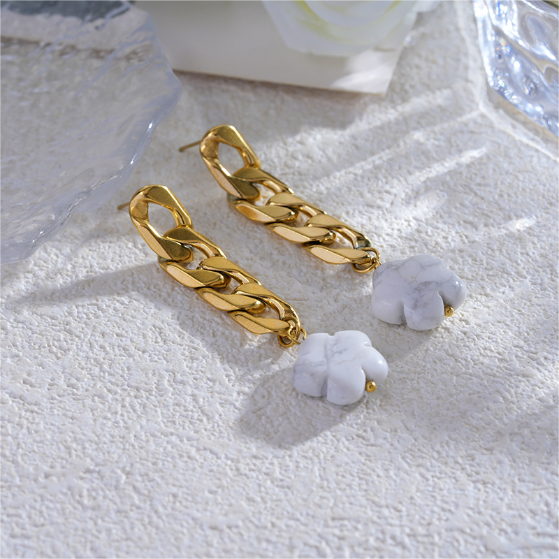 Stainless Steel Natural Stone Dangle Earrings with Chunky Chain