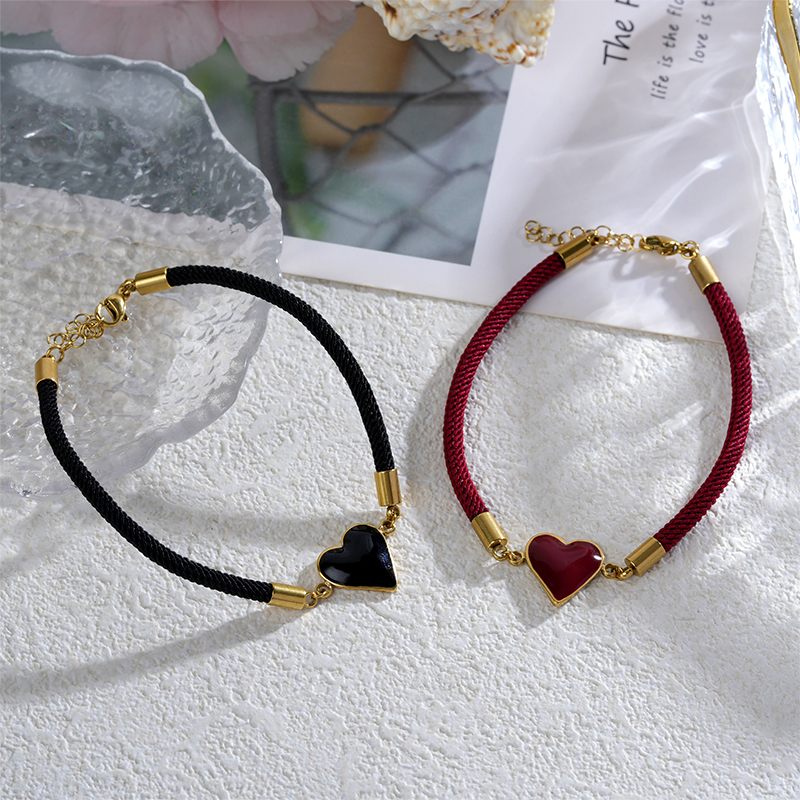 Red and Black Enamel Stainless Steel Heart Charm Bracelet